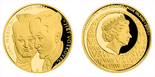 Zlatá dvouuncová mince 100 NZD Voskovec a Werich