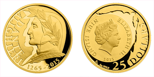 Zlatá půluncová mince 25 NZD Dante Alighieri