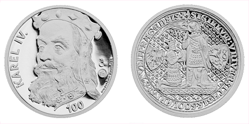 Stříbrná medaile s motivem 100 Kč bankovky - Karel IV.