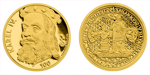 Zlatá medaile s motivem 100 Kč bankovky - Karel IV.