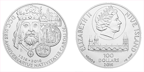 Stříbrná kilogramová mince 100 NZD 700. výročí narození Karla IV.