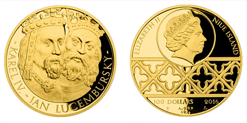 Zlatá dvouuncová mince 100 NZD Karel IV. a Jan Lucemburský