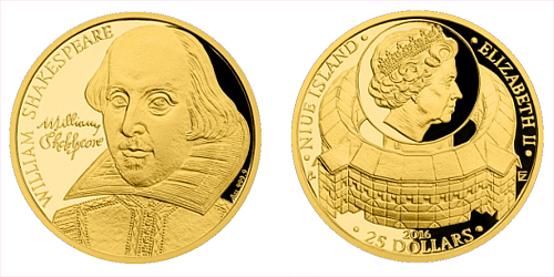 Zlatá půluncová mince 25 NZD William Shakespeare