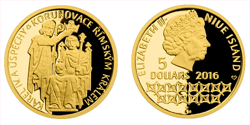 Zlatá mince 5 NZD Karel IV. a úspěchy - Korunovace římským králem