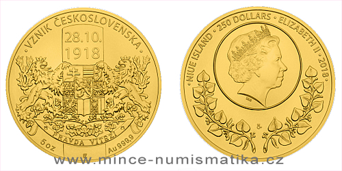Zlatá pětiuncová mince Vznik Československa