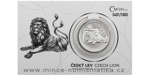 Stříbrná uncová investiční mince Český lev 2019 číslovaný obal
