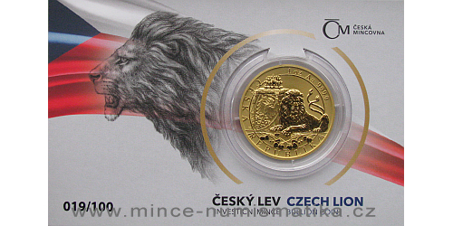 Zlatá uncová investiční mince Český lev 2019 reverse proof, číslovaný obal
