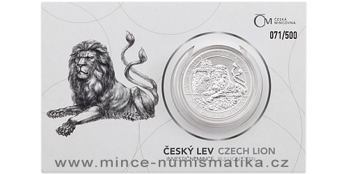 Stříbrná dvouuncová investiční mince Český lev 2019 číslovaný obal
