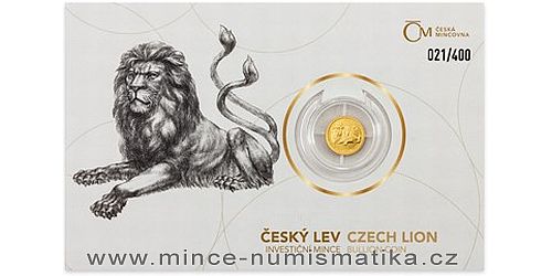 Zlatá 1/25 Oz investiční mince Český lev 2019 číslovaný obal
