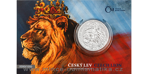 Stříbrná dvouuncová investiční mince Český lev 2021 číslovaný obal