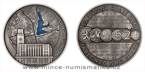 Stříbrná medaile 10 Oz Jablonec nad Nisou a 30 let české měny