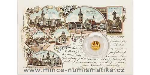 Zlatá mince České Budějovice (imitace dobové pohlednice)