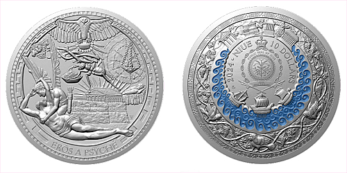 Stříbrná mince Staré řecké báje a pověsti - Erós a Psyché vysoký reliéf