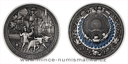 Stříbrná mince Staré řecké báje a pověsti - Iásón a Médeia vysoký reliéf